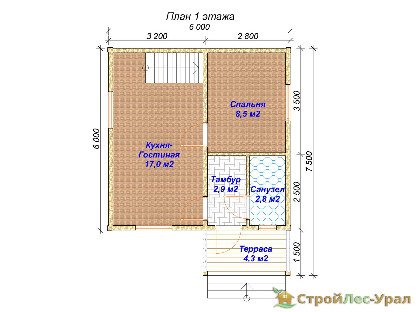 Проект дома ДБ-68 (6х7.5м), площадью 54м² из бруса 150х150мм | Стройлес-урал